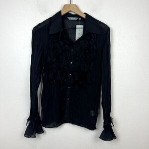 Black Sheer Ruffle Top Womens L Button Up Stretch Beaded Fairy Whimsigoth Witchy